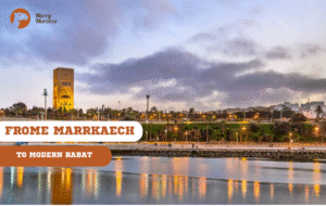 Merry Morocco tour card for Marrakech to Rabat showing Hassan Tower at dusk reflected in the Bou Regreg river