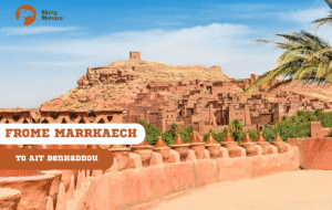 Merry Morocco tour card for Marrakech to Ait Benhaddou showing the UNESCO earthen ksar with palm tree