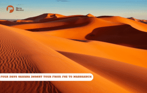 Merry Morocco tour card for Four Days Sahara Desert Tour from Fez to Marrakech showing golden Erg Chebbi sand dunes at sunset