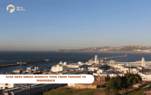 Merry Morocco tour card for Nine Days Grand Morocco Tour from Tangier to Marrakech showing an aerial view of a port city and coastline
