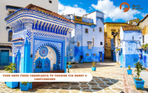Merry Morocco tour card for Four Days from Casablanca to Tangier via Rabat and Chefchaouen showing a blue fountain plaza in Chefchaouen medina