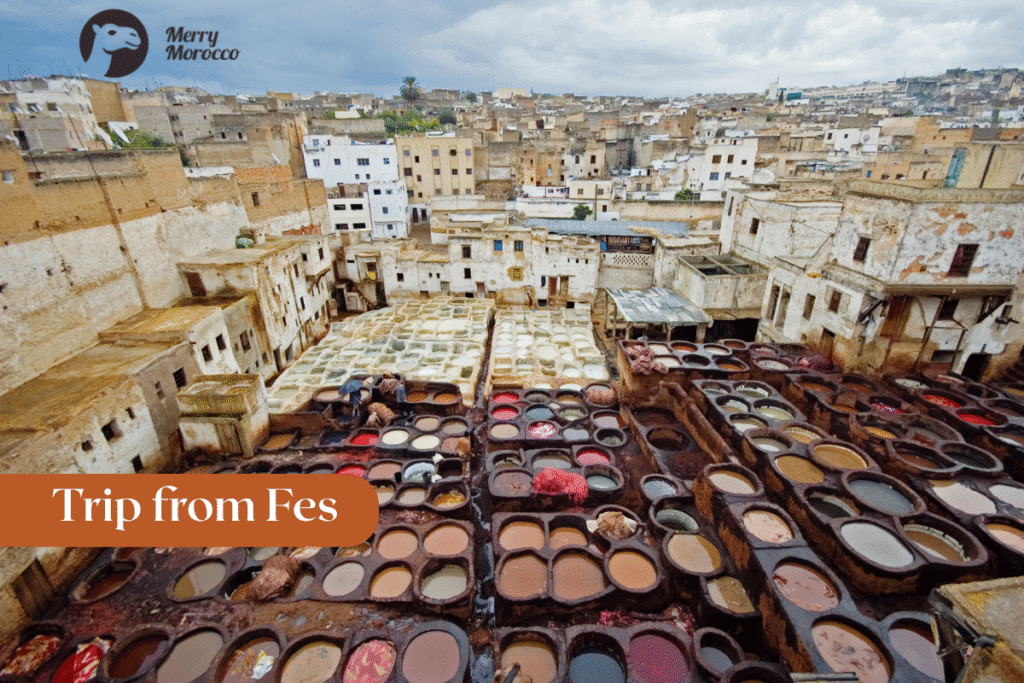 Merry Morocco Trip from Fes category card showing aerial view of the Chouara tannery with colorful circular dye vats and workers