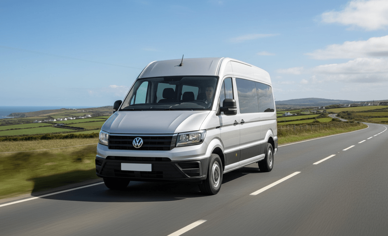 Silver VW Crafter high-roof minibus driving on a countryside road in Morocco
