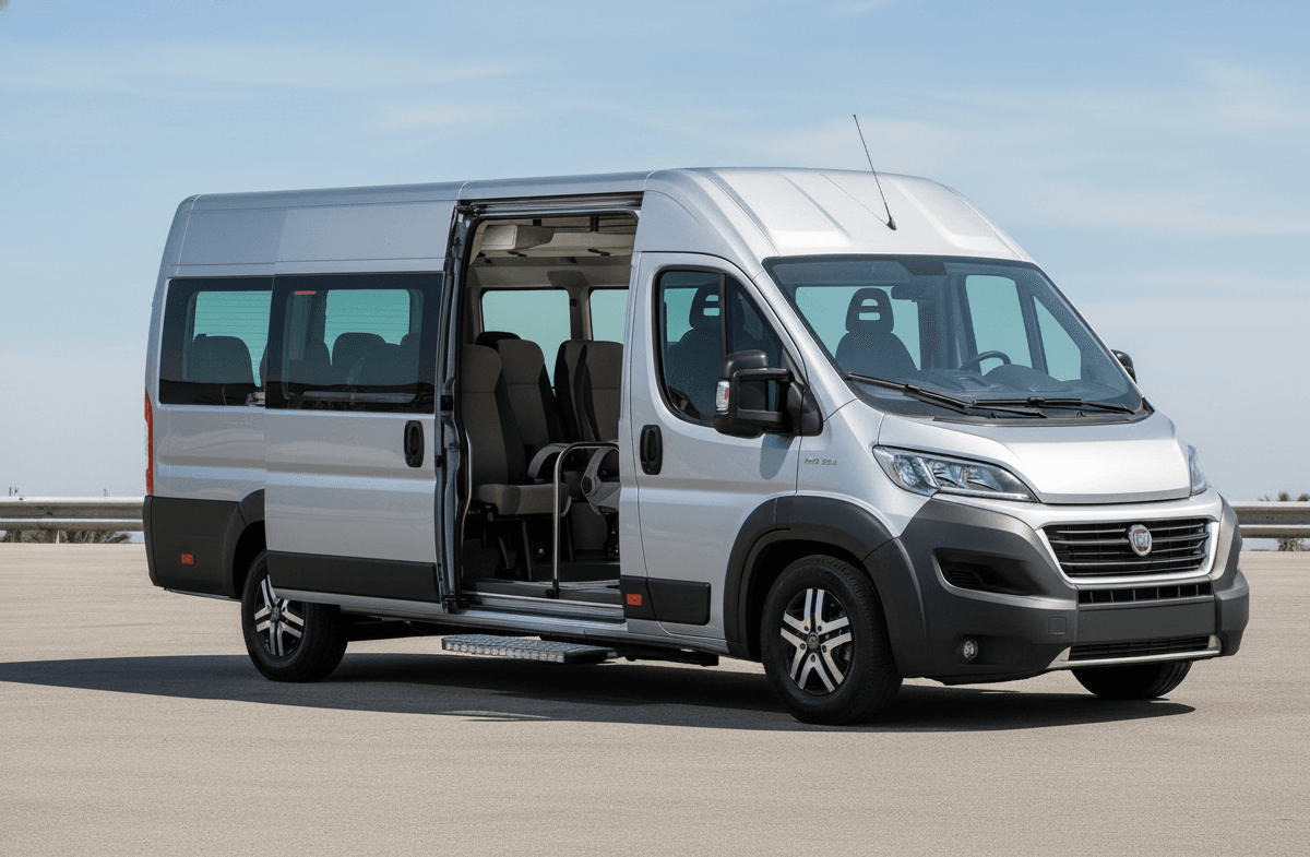 Silver Fiat Ducato minibus with sliding door open parked on tarmac for a private tour