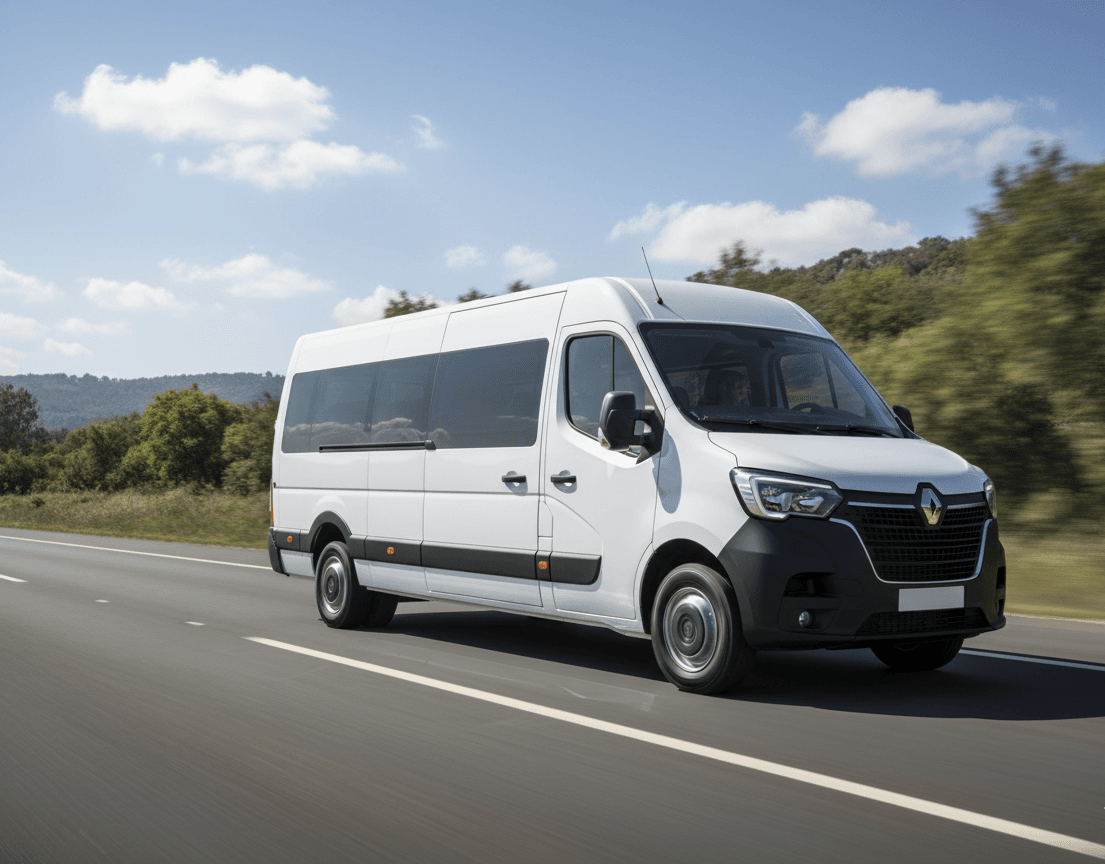 White Renault Master minibus driving on a countryside road in Morocco
